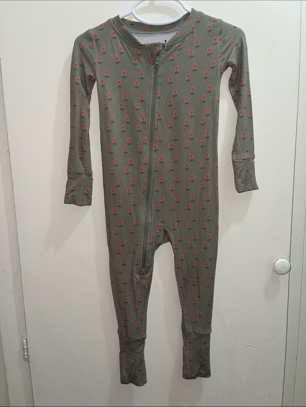 WildBird Olive Green Floral Zip Footed-Free One-Piece Pajamas with Pink Flowers